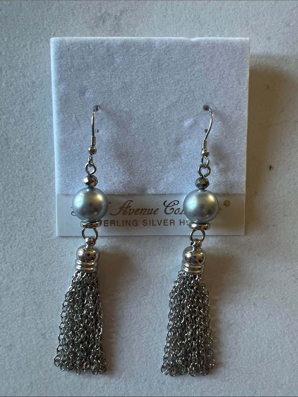 Silver Tassel Drop Earrings with Grey Pearls
